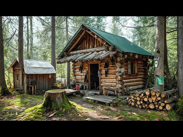 Living in the Wilderness Off Grid. Build Log Cabin in the Woods