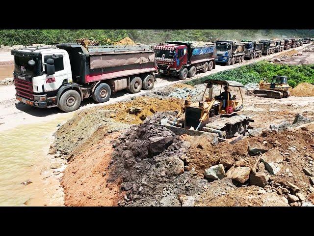 EP2 Great Land Reclamation Project Bulldozer KOMATSU Pushing Stone and Dirt Fills a Seaside Area