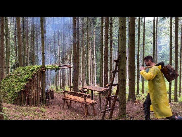 48 hours rainy solo bushcraft,bench and table making,wooden ladder,outdoor cooking (asmr)