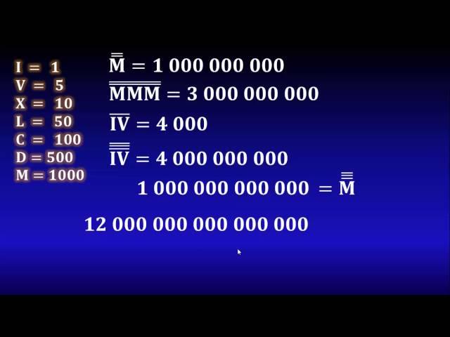 13. Roman numerals: Millions, billions, trillions, etc.