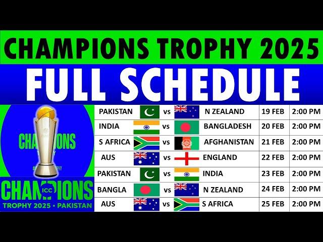 ICC Champions Trophy 2025 Schedule | ICC Champions Trophy 2025 Schedule, Fixtures, Venues & Timings