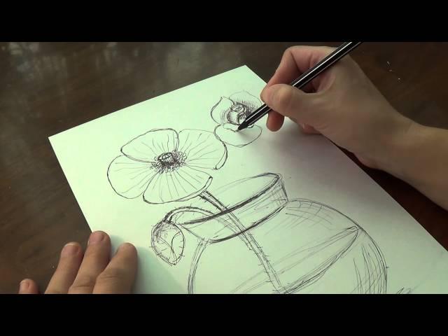 How to draw a vase, roses, lilacs pen and crayon