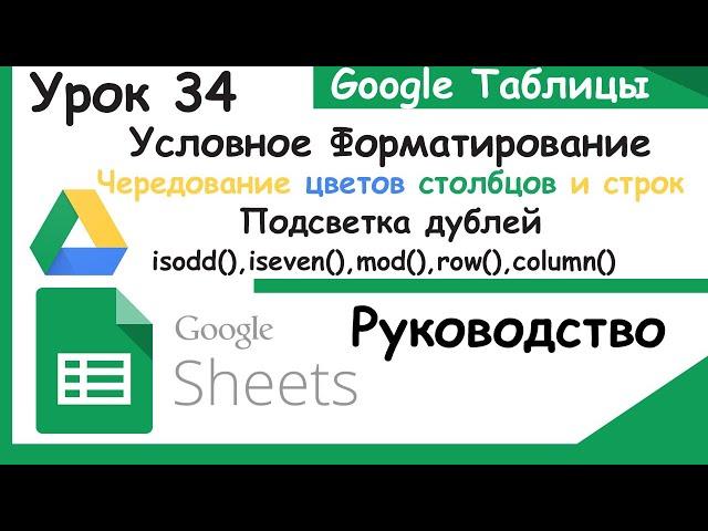 Подсветка дублей,столбцов,строк,чередование цветов Условным форматированием.Гугл таблицы.Урок 34.