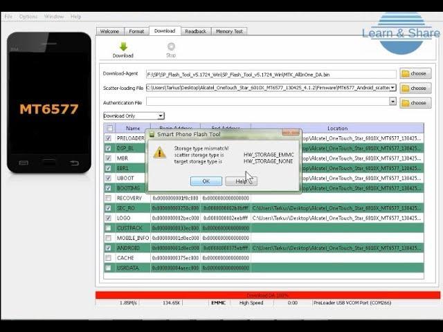 Alcatel 6010x flashing firmware - storage type mismatch sp flash tool fix