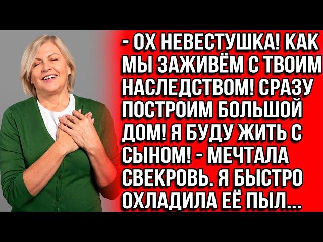 Ох, невестушка! Заживём мы с твоим наследством! Построим дом! Я буду жить с сыном! мечтала свекровь.