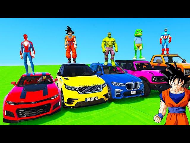 SPIDERMAN CARS COLOR Block GODZILLA Ramp JUMP Challenge ! SUPERHERO HULK Epic new Stunt Race - GTA V