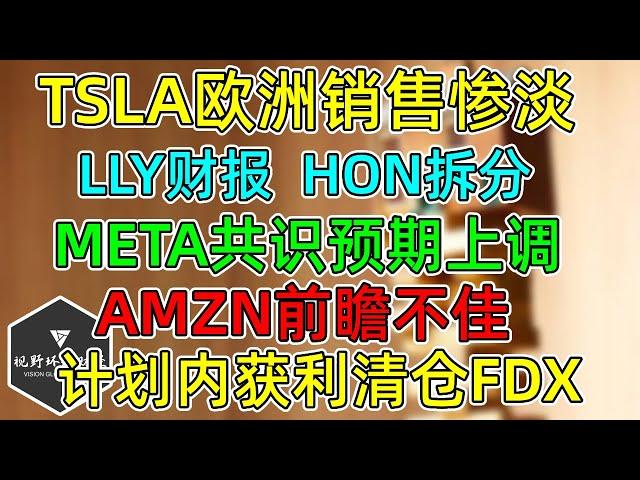 美股 TSLA欧洲销售数据惨淡！AMZN前瞻不佳！META共识预期大幅上调！LLY财报，HON拆分！计划内获利清仓FDX