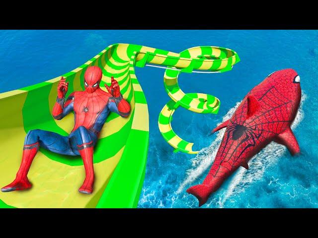 GTA 5 Water Slides | Spider-Shark vs SPIDERMAN Jumps/Fails (Ragdolls & Funny Moments)