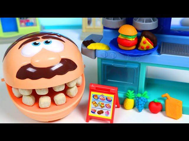 Mr. Play Doh Head Eats at the Toy Hamburger Restaurant!