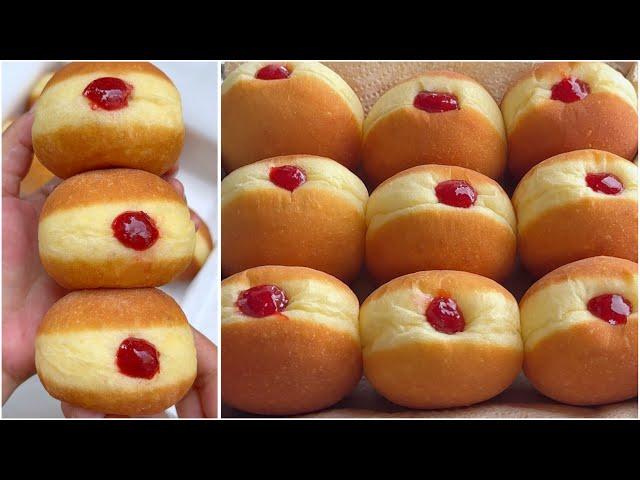 Fluffy donut recipe with one cup of flour, homemade strawberry jam. Simple recipe