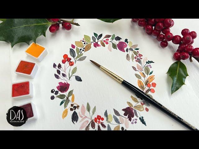 Easy Seasonal Watercolor Floral and Berry Wreath for Christmas Decor using Paul Rubens paints