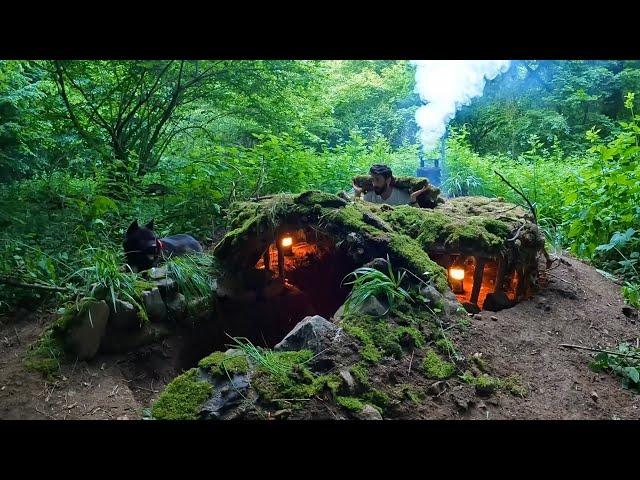 14 Days SOLO SURVIVAL CAMPING - Building BUSHCRAFT Underground SHELTER with FIREPLACE. Full Video