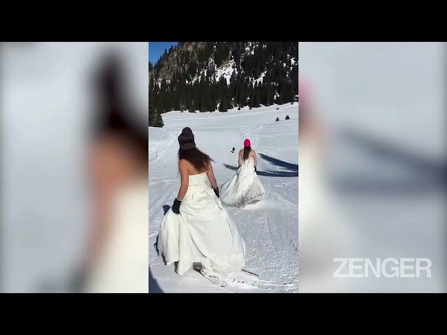 Two Swiss Sisters Celebrate Divorces By Going Skiing In Wedding Dresses