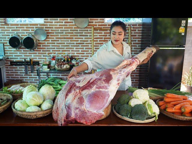 Big cow leg cooking with country style - Family food cooking - Cooking with Sreypov