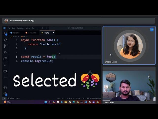 Fresher Got Selected as Frontend Engineeer | JavaScript and React | ProCodrr Mock Interviews