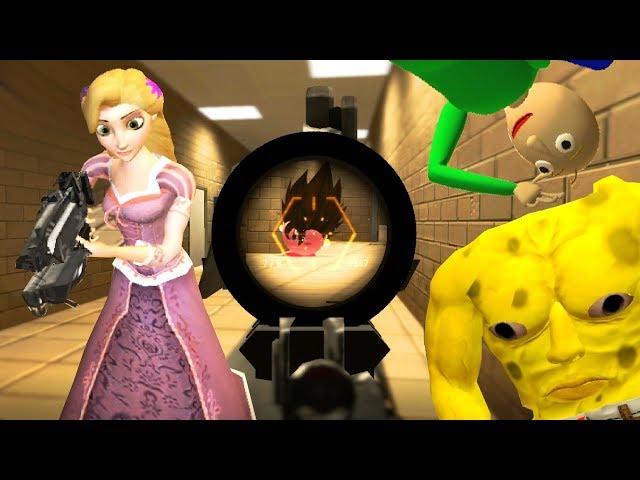 The ULTIMATE Battle! Baldi VS Spongebob VS Rapunzel VS Kirby Battle in Gmod!