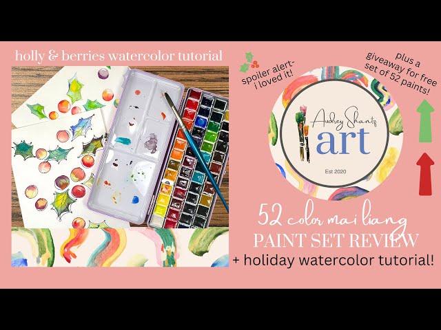 Holly & Berries WATERCOLOR TUTORIAL + Mei Liang 52 color PAINT SET REVIEW