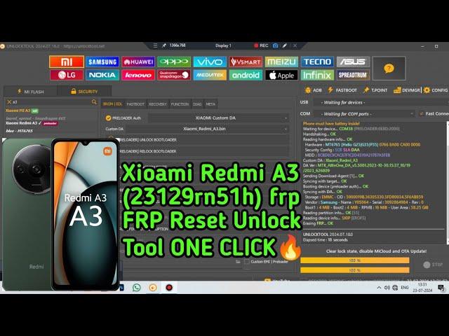 Xioami Redmi A3 FRP Reset Unlock Tool 2024  ONE CLICK