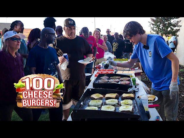 Cooking 100 Huge Cheeseburgers For The Homeless!