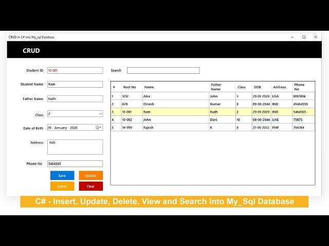 CRUD operations using C# and MySQL Server database | Insert | Delete | Update | Search |Tutorial