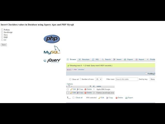 Insert Checkbox values in Database using Jquery Ajax and PHP Mysqli