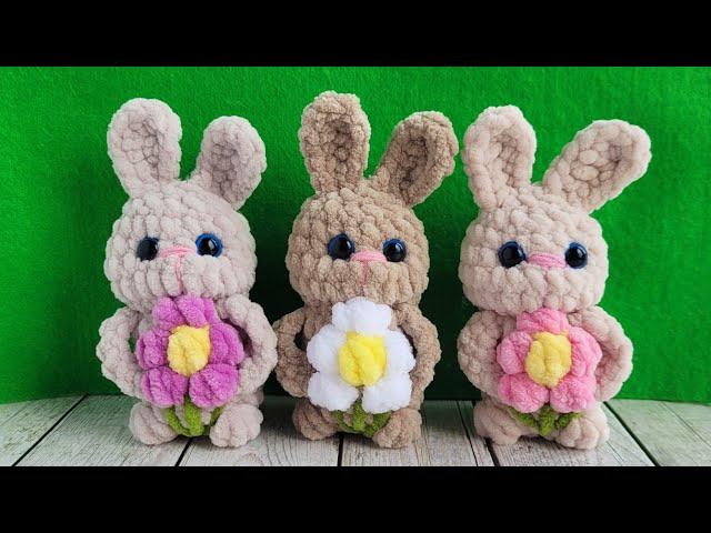 Цельновязаный ЗАЙЧИК с цветочком из плюшевой пряжи crochet bunnyHäkelhase