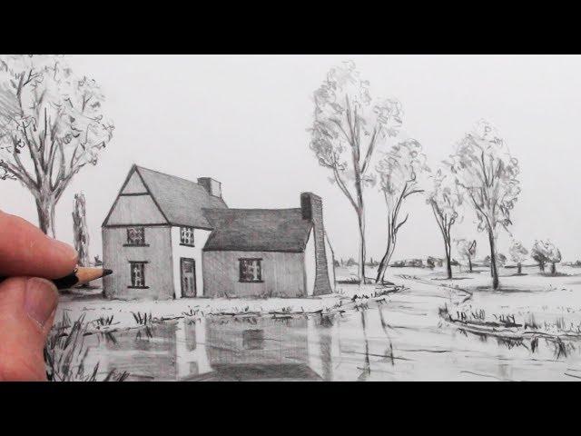 How to Draw a House in 1-Point Perspective in a Landscape: Step by Step