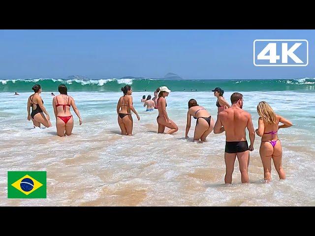  4K ⁶⁰ Heat and strong waves at Leblon Beach | Beach walk Rio de Janeiro.