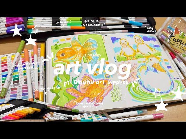 cozy art vlog  filling in my sketchbook using Ohuhu water-based markers and dot journal pens