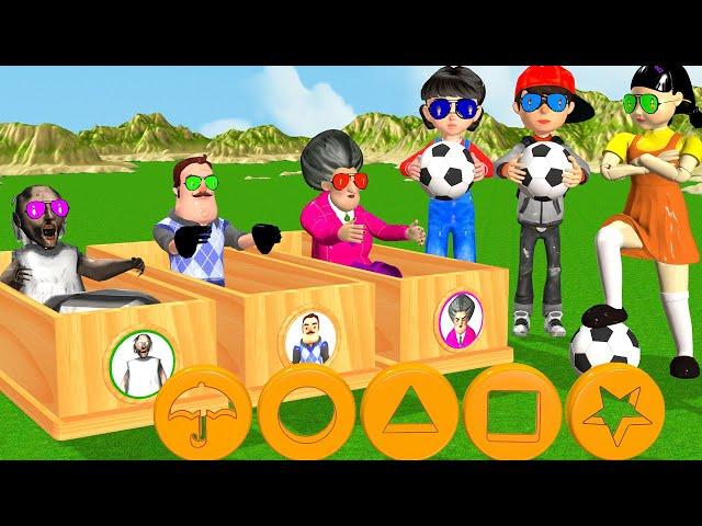 Scary Teacher 3D vs Squid Game Wear Goggles Mask Play Football Goal or Error 5 Times Challenge