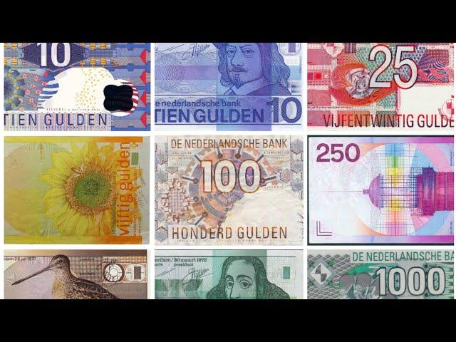 Banknotes, Bills of the Dutch Guilder. Notes in circulation when the euro was introduced. Last Issue