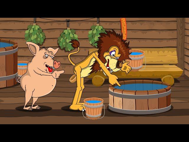 Jokes. How Pig steamed Leo in the bathhouse. CartoonJoke