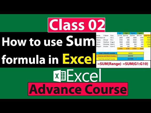 How to use Sum formula in Excel in Urdu - Class No 02