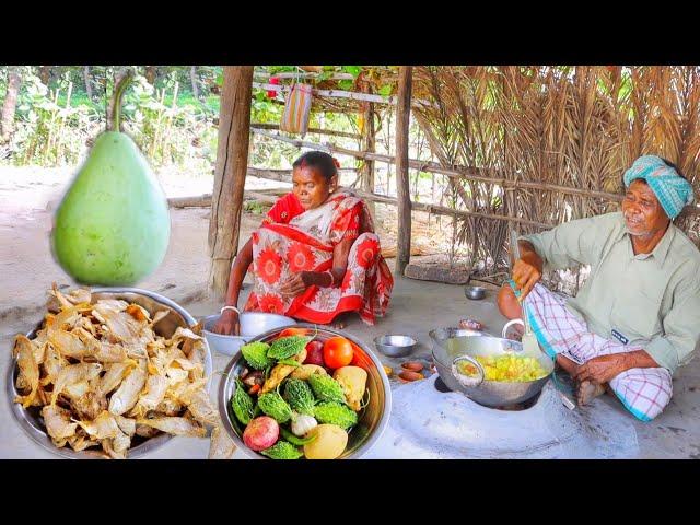 santali tribe old couple cooking DRY FISH LAUKI recipe and karela vorta for their lunch