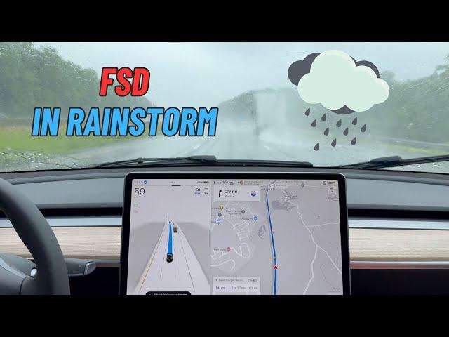 Tesla's Self-Driving Performance Under Heavy Rainfall During The Day