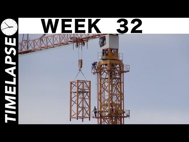 Tower crane #1 rises higher: One-week construction time-lapse with many closeups: Ⓗ Week 32