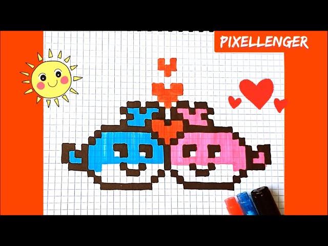 Как рисовать по клеточкам Валентинку Влюблённые Киты Простые рисунки How to Draw Pixel Art Valentine