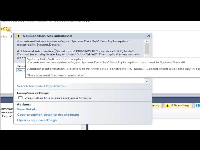 Programming in C#  Insert data into sql Database and fix an error Violation of PRIMARY KEY with code