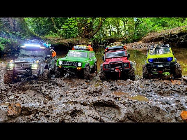 A Little Push - RC Crawler Family Group Run - TRX4 Defender, TRX6 G63 6x6, Scout II, FTX Jimny 1/10