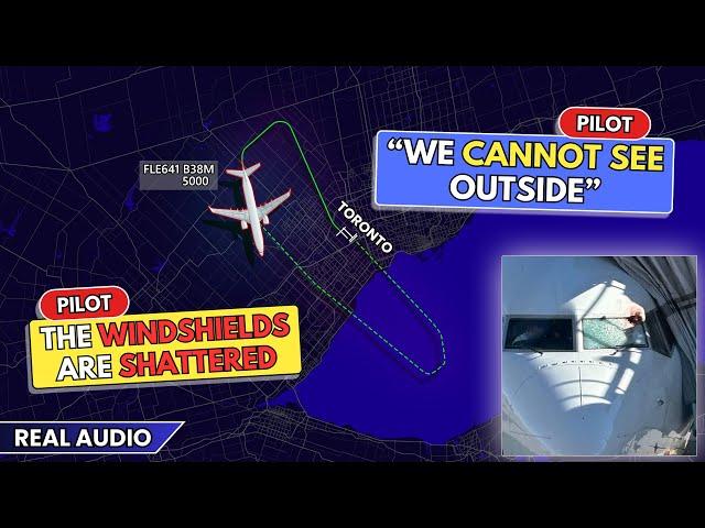 PILOTS are BLIND. The windshield is shattered after bird strike at Toronto Airport. Real ATC