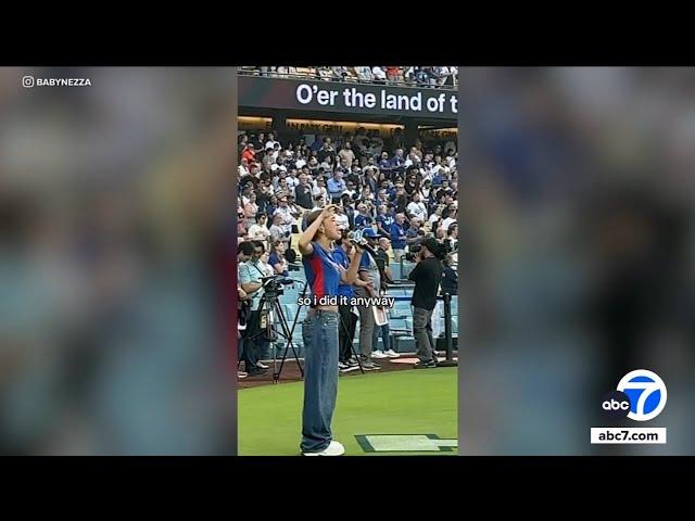 Singer Nezza performs national anthem in Spanish at Dodger Stadium