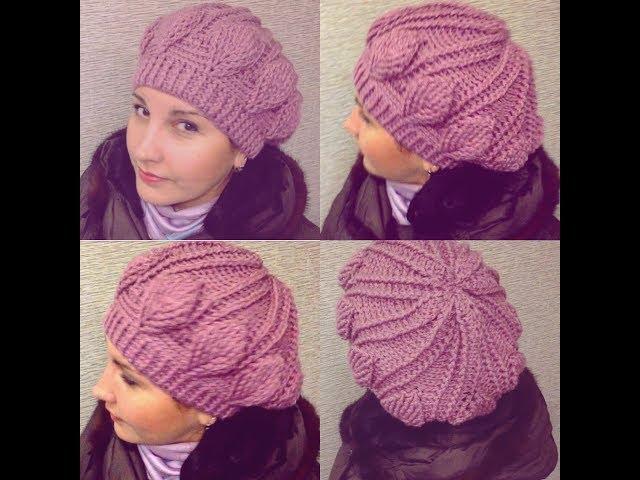 Нежная шапка-берет крючком рельефными столбиками узор листочки crochet cap