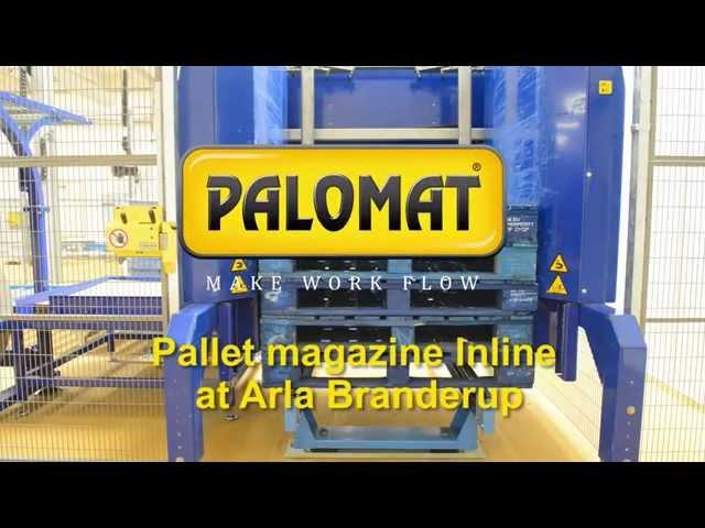 Pallet dispenser/ pallet magazine PALOMAT Inline at Arla Branderup in Denmark