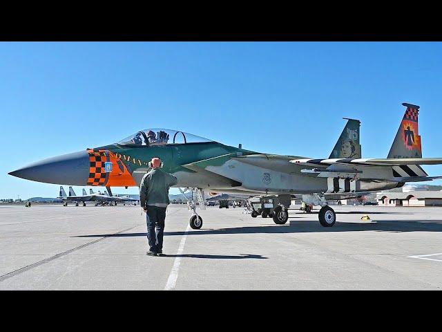 Lockheed Martin F-35, McDonnell Douglas F-15 Eagle and General Dynamics F-16 Take Off