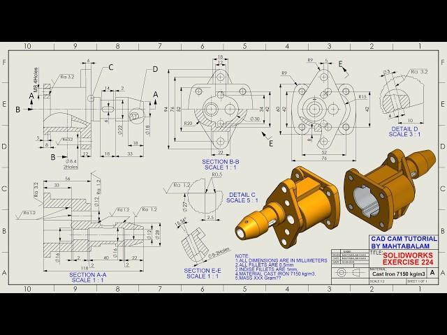 SolidWorks Complex Tutorial Exercise 224-Lofted Cut, Revolved Cut