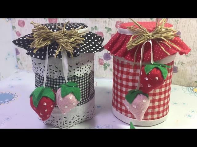 Pote de vidro decorado com Morango em tecido