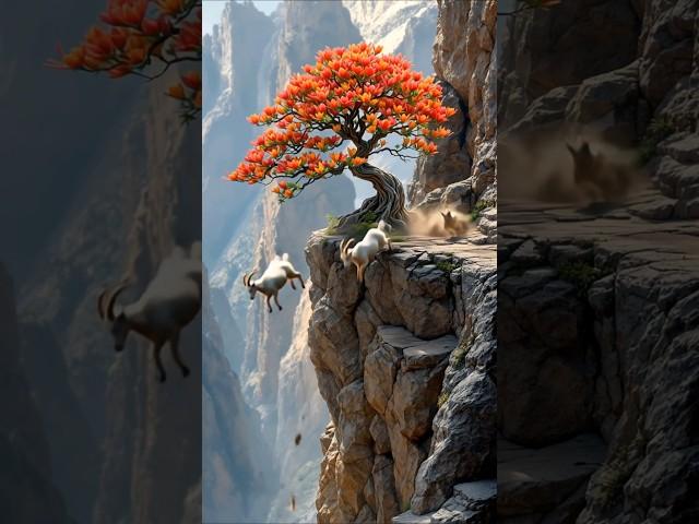  Magical Red Tree on Cliff with Epic Mountain Goat Duo! ‼️⁉️ #NatureWonders #shorts #goat #ai