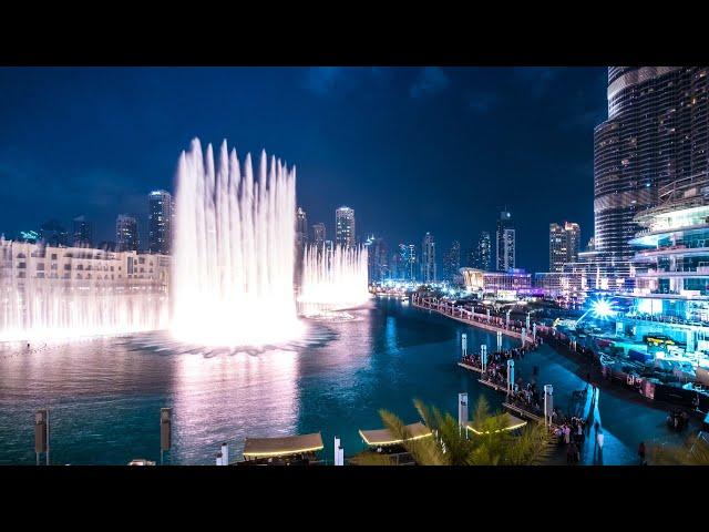 New Year in Dubai. Fireworks, Fountains, Burj Khalifa, Ferrari 0-200 km/h in the center of Dubai