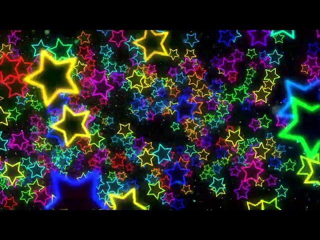 Bright colorful neon stars flying in a black background