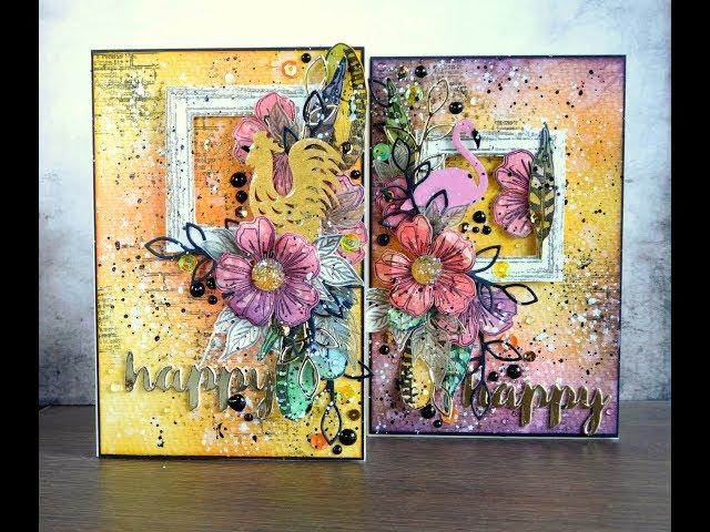 Mixed Media cards. Step-by-step tutorial/ Яркие миксмедийные открытки. Мастер-класс.